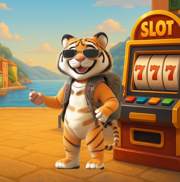 Mega Tiger Play mascot with slot machine